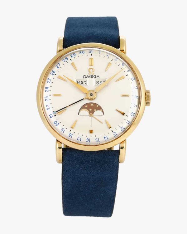 Omega Cosmic Vintage Uhr von World of Time in Gelbgold und Blau. Seit 2003präsentiert Meertz World of Time hochwertige