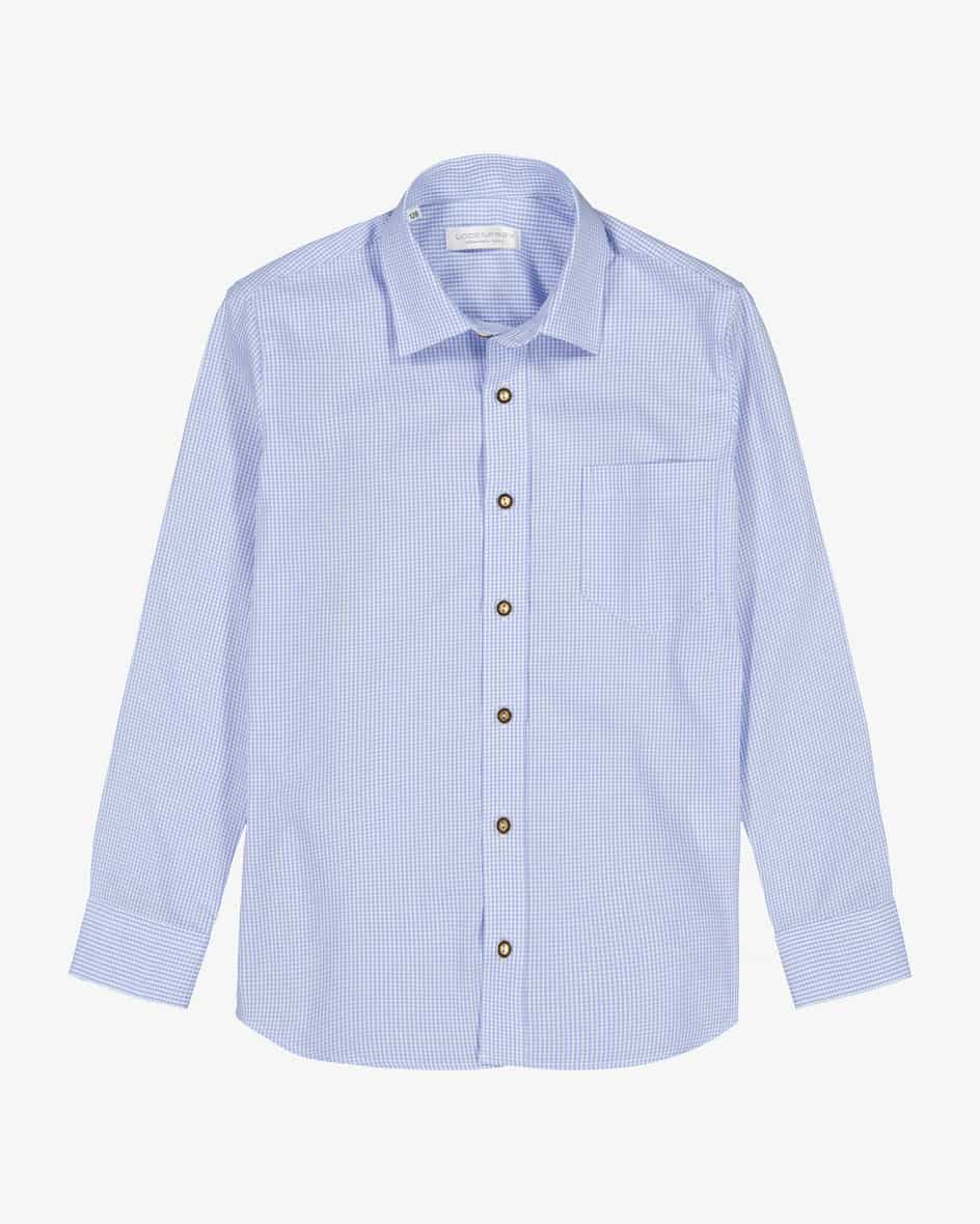 Jungen-Trachtenhemd von Gloriette in Hellblau und Weiß. Das gerade geschnitteneModell präsentiert sich mit klassischen Details wie dem Kent-Kragen