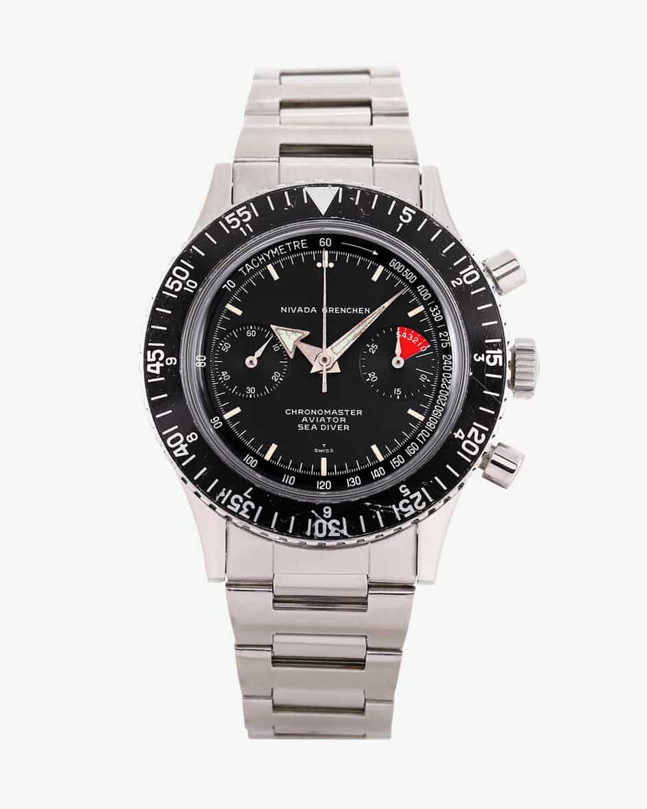 Nivada Chronomaster Vintage Uhr von World of Time in Silber und Schwarz. Seit2003 präsentiert Meertz World of Time hochwertige