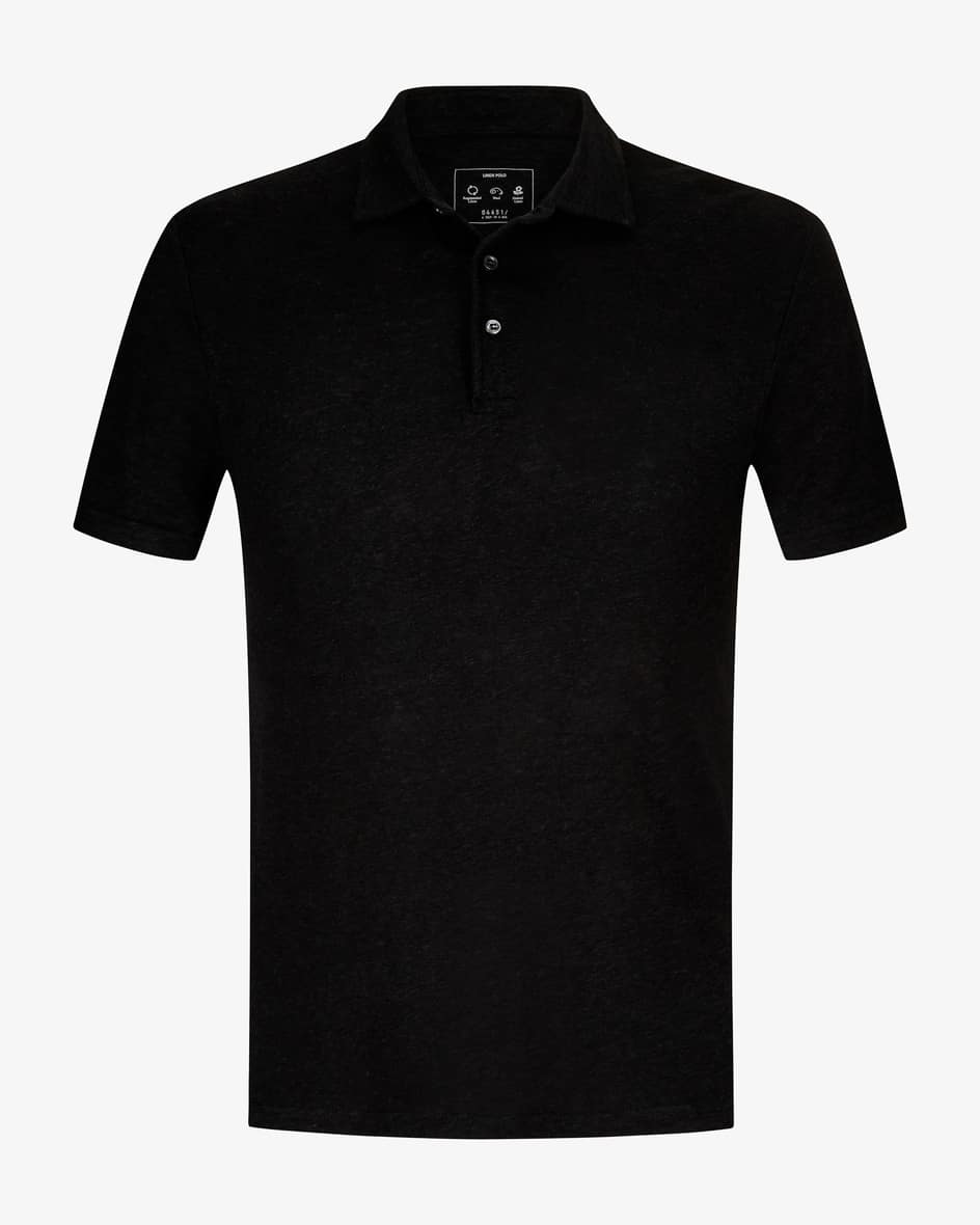 Leinen-Polo-Shirt für Herren von 04651/ A trip in a bag in Schwarz. Das Modellpräsentiert sich im klassischen Polo-Look