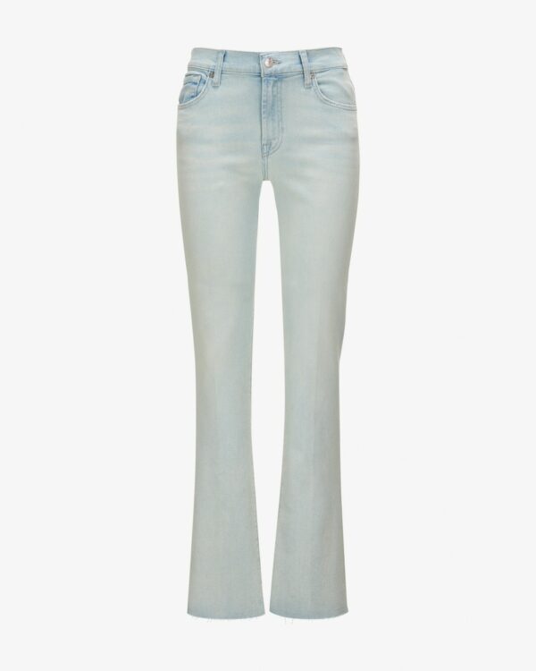 Jeans Bootcut Tailorless für Damen von 7 For All Mankind in Hellblau. Das Modellpräsentiert sich dank ausgestelltem Bein in angesagter Passform