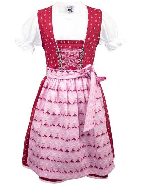 Isar-Trachten Dirndl "Sarina" 3-tlg. mit Bluse 44940 - Hirschmotiv Rosa Rot, Kinder Trachtenkleid