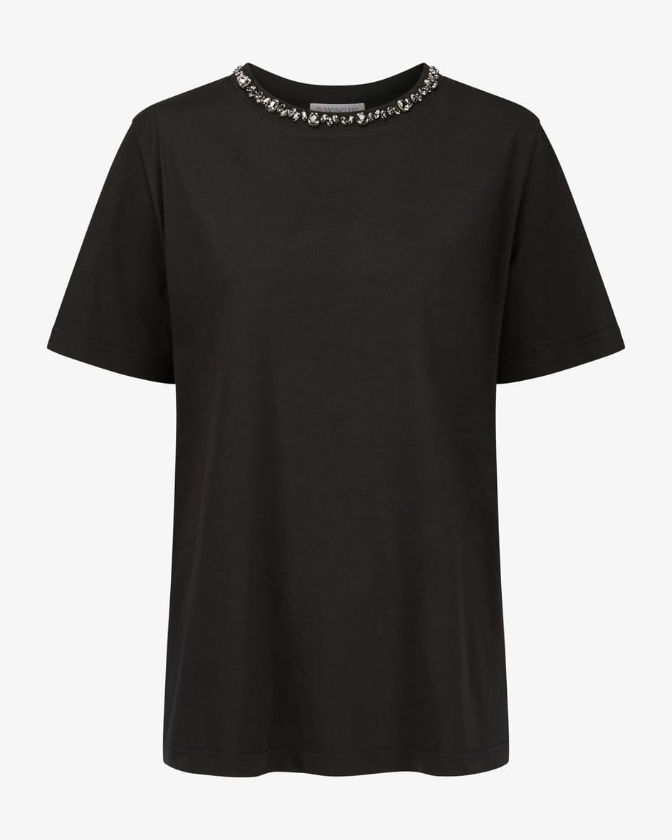 T-Shirt für Damen von Moncler in Schwarz. Das sonst schlichte Modell in einemweiten Schnitt bekommt durch die edlen Schmuckstein-Applikationen.... Mehr Details bei Lodenfrey.com!